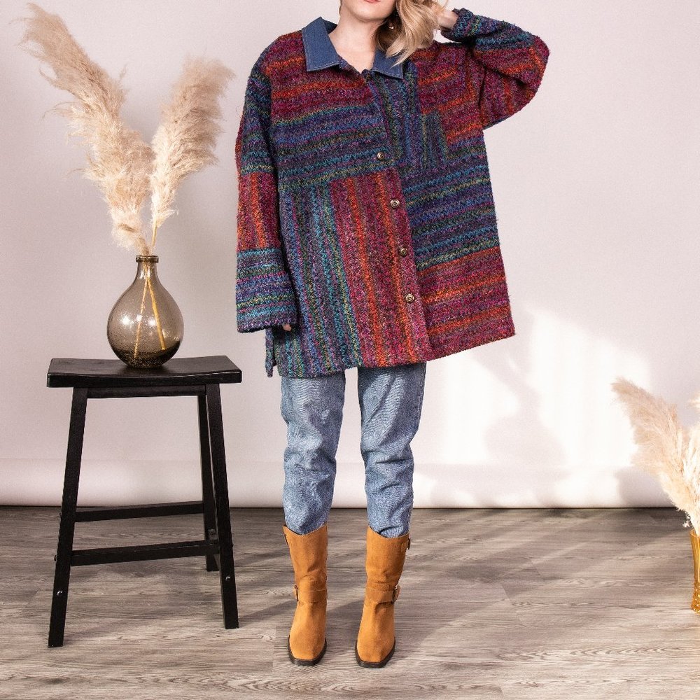 Vintage 80s color block striped boxy car coat